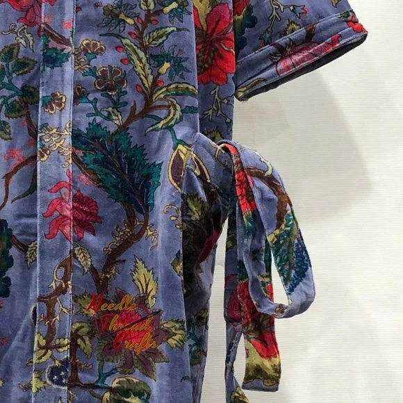 Floral Print Velvet Kimono Luxury Jacket, Party Boho Robe Lounge Wear - Unisex - Picture 15 of 16